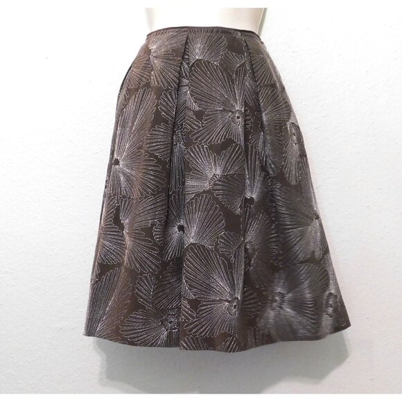 Talbots Skirt Womens 10P Petites Brown Pleated Floral Embroidery Pockets Silk - Picture 1 of 8